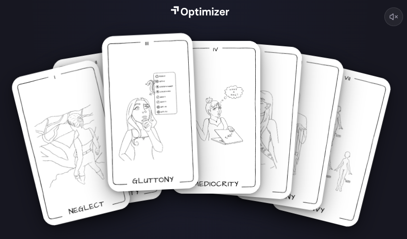 Optimizer 7 Sins of AI card deck with illustrated anti-pattern cards