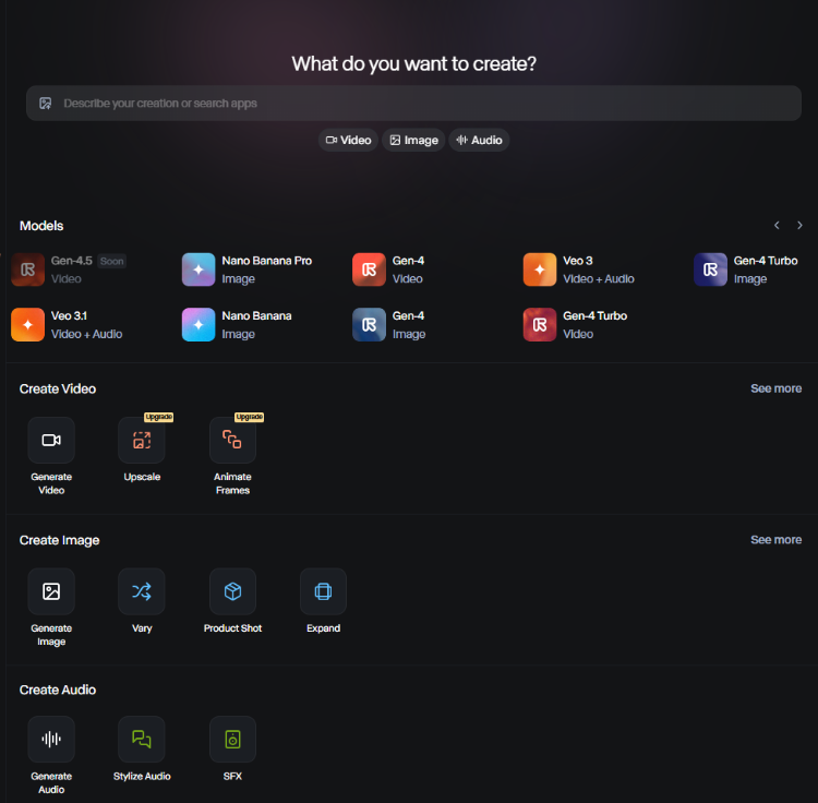 Preview: Runway's creation screen showing a dense grid of AI models and options
